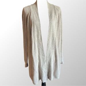 Loft Cardigan Women’s Large Tan Open Front Long  Cotton/Wool Blend‎
